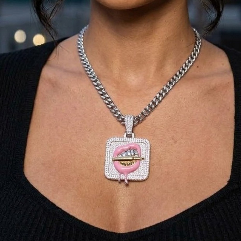 Iced Out Pink Dripping Lips Pendant Silver Tone Streetwear Hip Hop NO CHAIN